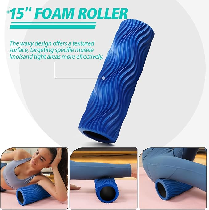 5-in-1 Foam Roller Set, Massage Roller Stick, Massage Ball, Resistance Band for Deep Muscle Massage, Trigger Point Release, Pilates, Yoga (Blue-Wave)-Ruum Studio Home