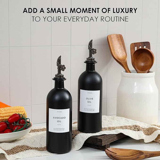 HOMCDALY Olive Oil Dispenser for Kitchen, 16oz Glass Oil Bottles with Bamboo Tray, Black Oil&Vinegar Cruet Set, Kitchen Dispenser Bottles with Pourer | Set of 2 (16oz – Black)-Ruum Studio Home