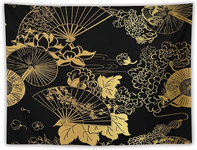 HZOHNAGO Japanese Tapestry Gold Flowers Umbrella Fan Pattern Printed Wall Tapestry Painting Wall Hanging for Bedroom Living Room Dorm 80" W x 60" H-Ruum Studio Home