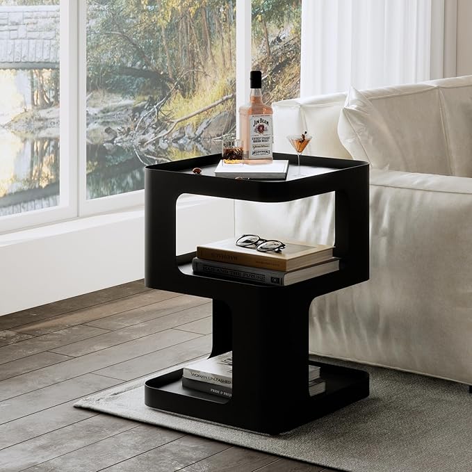 Side Table,Modern end Table,Unique nightstand,Bedside Table,Black Metal Night Stand with Storage,Accent Side Table for Couch,Bedroom,Living Room.No Assembly Required-Ruum Studio Home