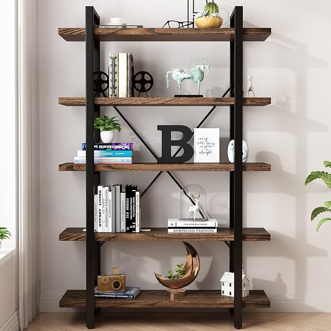 5-Tier Industrial Style Solid Wood Bookcase and Book Shelves,Rustic Wood and Metal Shelving Unit， Living Room,Modern Rustic Open Industrial Book Shelf Office,Distressed Brown (AY-02-5Tier)-Ruum Studio Home