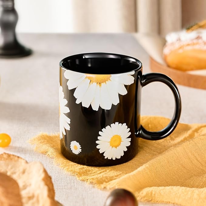 12Oz Daisy floral Black Ceramic Mug, Mug for Daily Coffee and Tea, Lead-free Microwave and Dishwasher Safe Coffee Mug, Perfect gifts for Women and men-Ruum Studio Home