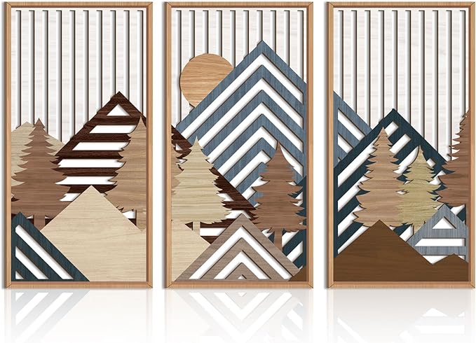 IARTTOP Large Mountain Wood Wall Art 16"x32"x3 Abstract Forest Wall Sculpture Geometric Boho Sunset Wilderness Artwork for Bedroom Living Room Office-Ruum Studio Home