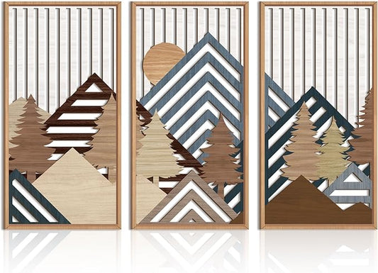 IARTTOP Large Mountain Wood Wall Art 16"x32"x3 Abstract Forest Wall Sculpture Geometric Boho Sunset Wilderness Artwork for Bedroom Living Room Office-Ruum Studio Home