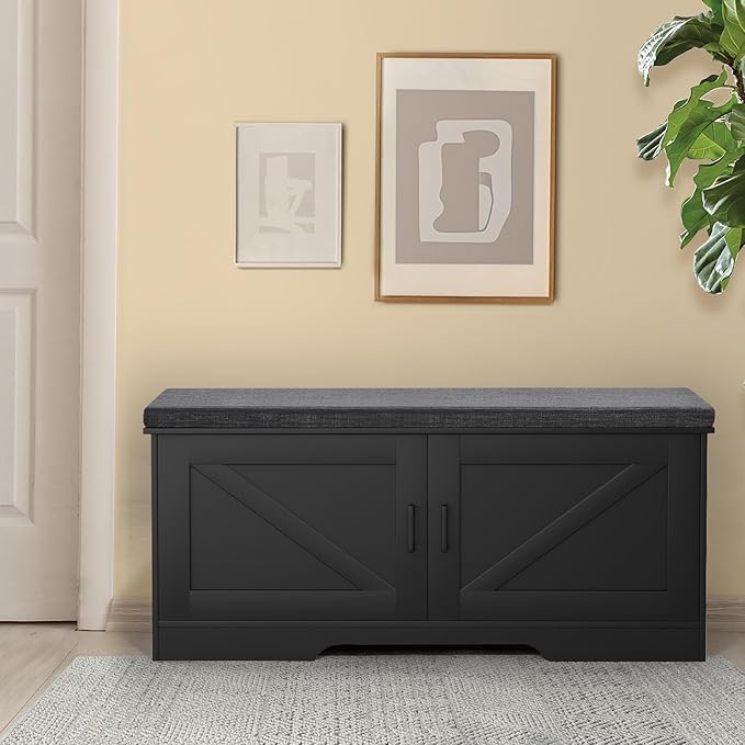 2-Tier Storage Bench, Shoe Bench with Padded Seat Cushion, Entryway Bench with 2 Barn Doors, Adjustable Shelf, 13.8" D x 39.4" W x 17.7" H, for Entryway, Living Room, Bedroom, Black-Ruum Studio Home