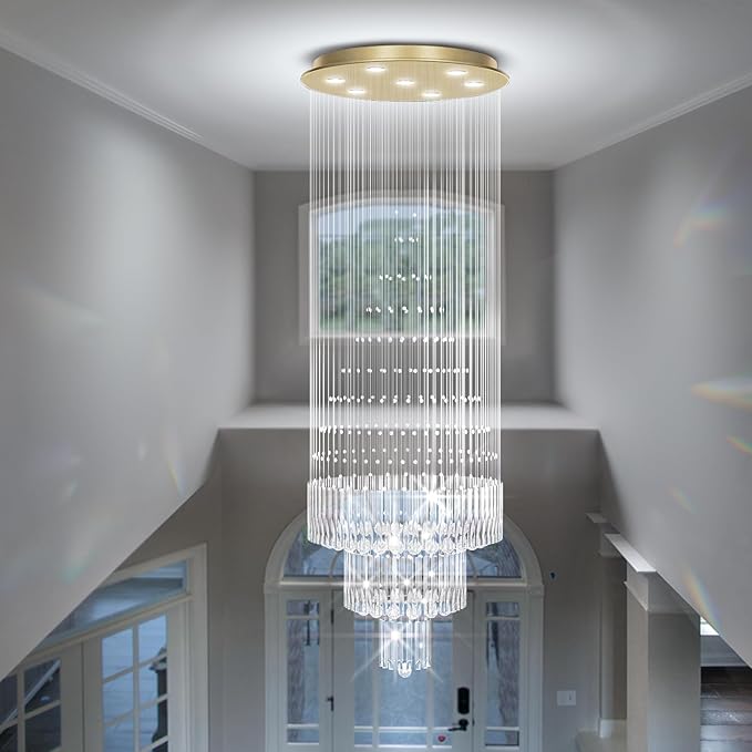 Flashing God D24''XH86'' Modern Foyer Chandelier for High Ceiling Raindrop Crystal Chandelier High Ceiling Pendant Light Fixture for Hallway Living Room (Gold Staircase Chandeliers)-Ruum Studio Home