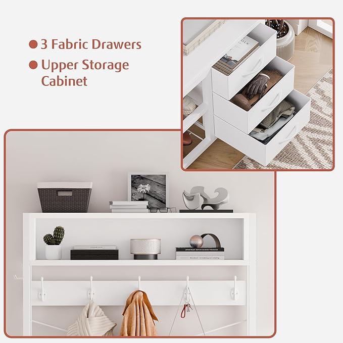 Lulive Hall Tree with Bench and Shoe Storage, 31.5" Coat Rack Freestanding with 2-Tier Storage Shelf, 5-in-1 Entryway Bench Coat Rack with 12 Hooks and 3 Drawers(White)-Ruum Studio Home