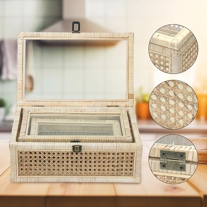 Rattan Decorative Boxes with Glass Lids, Set of 3 Sizes Boho Natural Hand-woven Cane Home Decor Organizers Storage Bins, Display Boxes Natural Finish-Ruum Studio Home