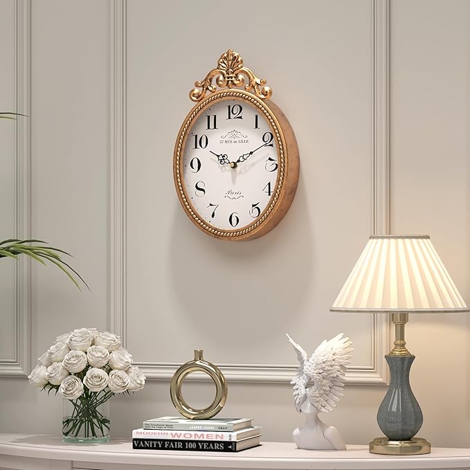 Abdurey Small French Retro Decorative Wall Clock, Antique Gold Vintage Oval Style,Silent Battery Operated Boho Decor Wall Clocks for Farmhouse,Kitchen,Bedroom,Bathroom(10.4" H x 6.7" W)-Ruum Studio Home