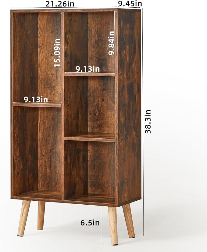 LEYAOYAO 5 Cube Small Bookshelf,3 Tier Mid-Century Bookcase with Legs,Wood Bookshelves Storage Organizer Shelf,Narrow Book Shelves,Brown Bookcases-Ruum Studio Home