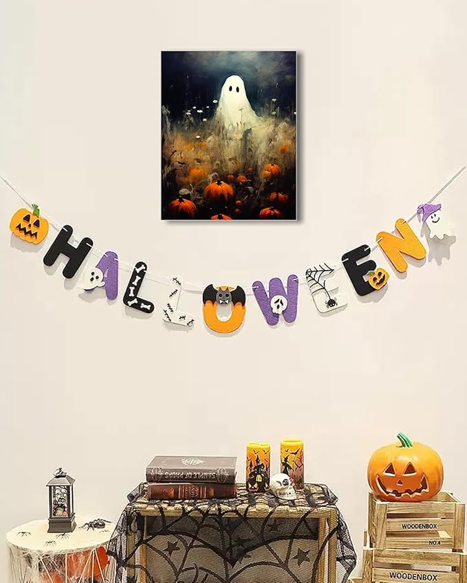 Halloween Canvas Wall Art, Spooky Ghost in Pumpkin Patch Poster, Vintage Gothic Fall Decor, Dark Academia Fall Decor for Living Room, Framed Indoor Halloween Decorations-Ruum Studio Home