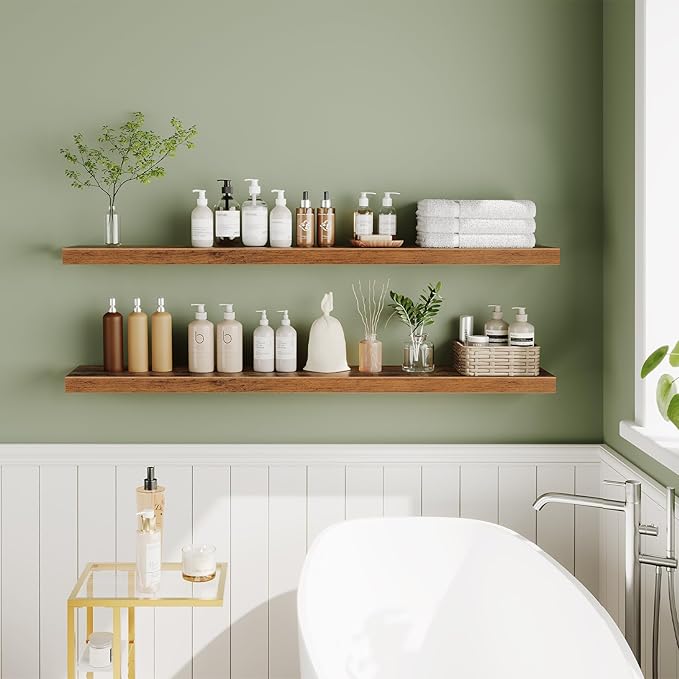 HOOBRO Floating Shelves for Wall, Wall Mounted Shelf Set of 2, 55" Hanging Shelf with Invisible Brackets, for Wall in Bathroom, Bedroom, Toilet, Kitchen, Living Room, Office, Rustic Brown BF140BJP201-Ruum Studio Home