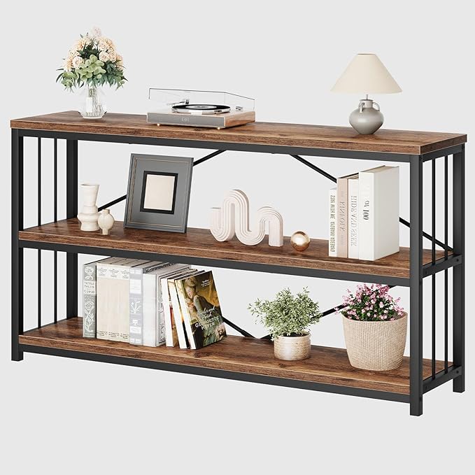 LVB Industrial Console Entryway Table, Metal Wood Rustic Sofa Table with Storage, Farmhouse 3 Tier Shelf Long Hallway Foyer Entry Tables Behind Couch for Home Living Room Entryway, Rustic Brown, 55 In-Ruum Studio Home