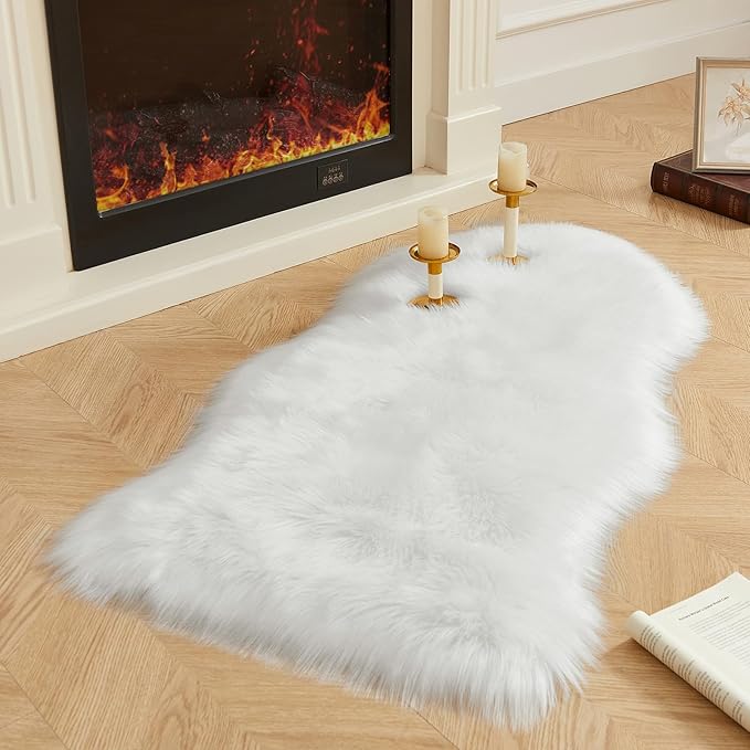 AMTOVO Faux Fur Rug, White Area Rug, Fluffy Sheepskin Rug, Fuzzy Ultra Soft 2 x 4 ft Shag Rugs for Bedroom Sofa Throw Cushion Room Decor, Sheepskin-Ruum Studio Home
