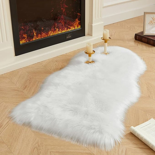 AMTOVO Faux Fur Rug, White Area Rug, Fluffy Sheepskin Rug, Fuzzy Ultra Soft 2 x 4 ft Shag Rugs for Bedroom Sofa Throw Cushion Room Decor, Sheepskin-Ruum Studio Home