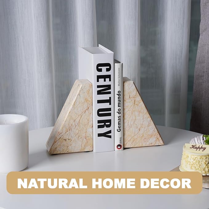 Marble Bookends，Natural Decorative Bookend for Shelves, Non-Skid Book End for Heavy Books, Idea Book Stoppers & Holder for Desk Bookshelf Decor, Modern Home Decor Cream Color Book Ends, Set of 2-Ruum Studio Home