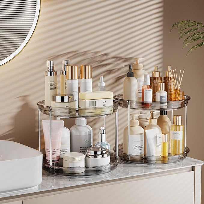 LAMU 2 Pack 2 Tier Lazy Susan Turntable Organizer 9.25'' Rotating Spice Rack Organization for Cabinet, Kitchen, Pantry, Countertop, Bathroom, Vanity, Medicine Cabinet Organizer, Grey-Ruum Studio Home