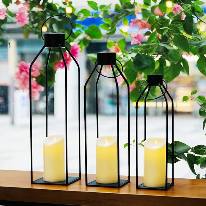 HPC Decor 22'' 19'' 16'' Lanterns Decorative w/Flickering Timer Candles- Tall Large Black Metal Candle Lanterns Set of 3- Modern Farmhouse Decor for Indoor,Outdoor,Tabletop,Porch (No Glass)-Ruum Studio Home