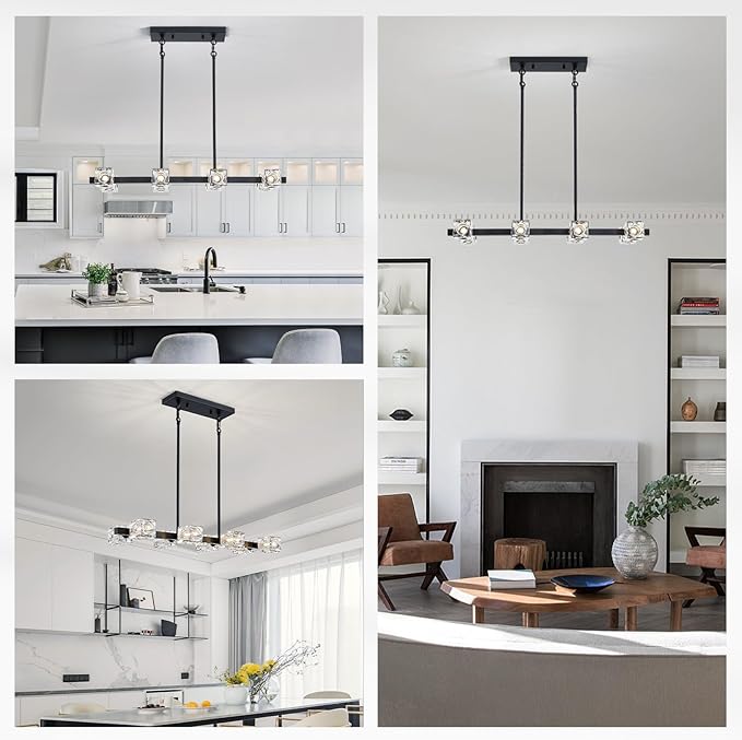 XINGQI Modern Chandeliers for Dining Room Over Table, 8-Light Rectangular Kitchen Island Light Fixture, Linear Farmhouse Metal Glass Black Vintage Hanging Lamp for Living Room Bar-Ruum Studio Home