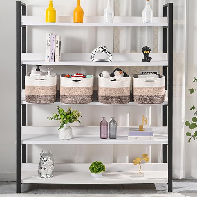 Storage Baskets for Organizing & Shelves, Woven Cotton Rope Organization Bins for Dog Toys, Clothes, Books, Nursery Organizer, 15"Lx11"Wx9.5"H, (4 Packs) Gradient Brown-Ruum Studio Home