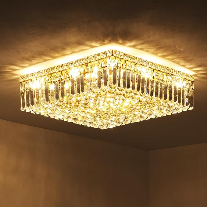 12-Lights Gold Crystal Flush Mount Ceiling Light Fixtures,Elegant Crystal Chandelier Pendant Ceiling Lamp for Bedroom,Living Room,Dining Room,Hallway H5.9 x W20 x L20 (Bulb Not Included) Square-Ruum Studio Home