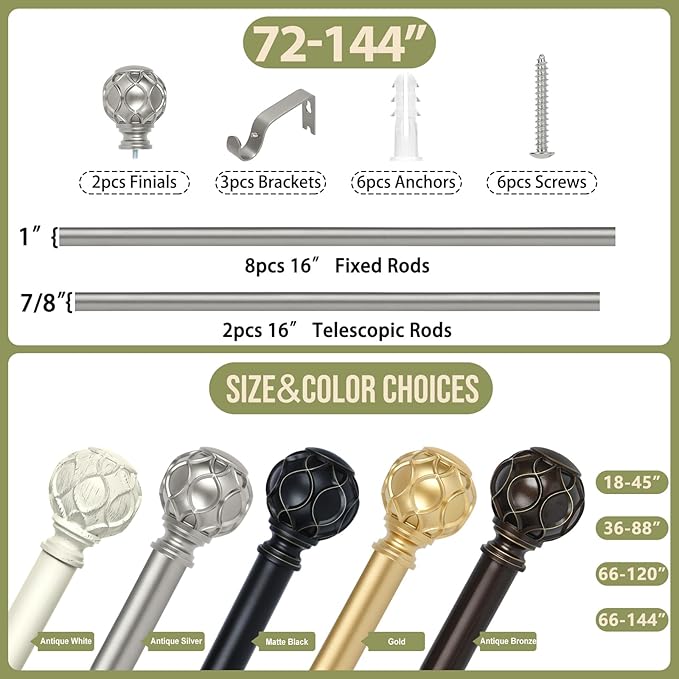 Silver Adjustable Curtain Rods for Windows:72-144" Farmhouse Heavy Duty Long Curtain Rod for Bedroom Living Room,Boho Decorative Rustic Drapery Rods with Vintage Coastal Finials,Antique Silver-Ruum Studio Home