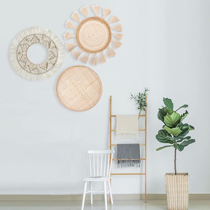 LOCS MICRAI Boho Wall Basket Decor Set of 3 - Flat Woven Basket Wall Hanging Decor,Round Tassels White Macrame Tapestry Wall Decor Art,Handmade Rattan Wicker Seagrass Home Wall Baskets Decor-Ruum Studio Home