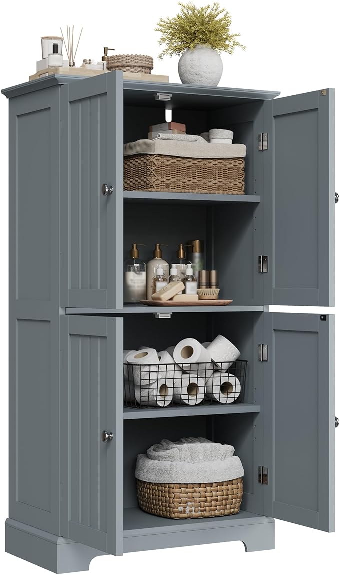 ChooChoo Bathroom Floor Cabinet, Modern Bathroom Storage Cabinet with 4 Doors and Adjustable Shelves, Freestanding Cupboard for Living Room, Grey-Ruum Studio Home