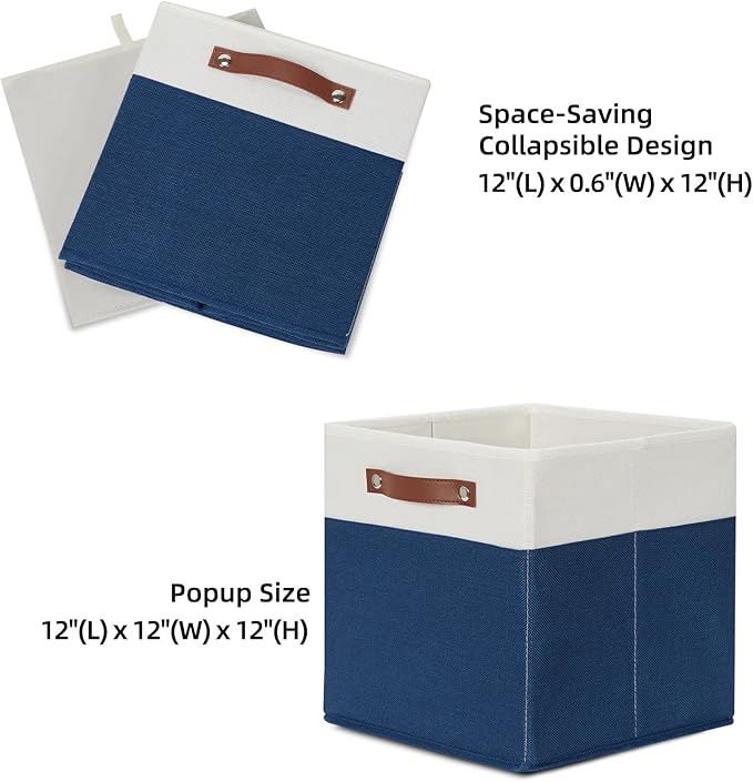HNZIGE Cube Storage Baskets,Fabric Storage Cubes 12 x 12, Set of 4,Decorative Storage Baskets for Organizing with Handles,Blue Square Bins for Organizer Home Toy Nursery Closet(Blue White)-Ruum Studio Home
