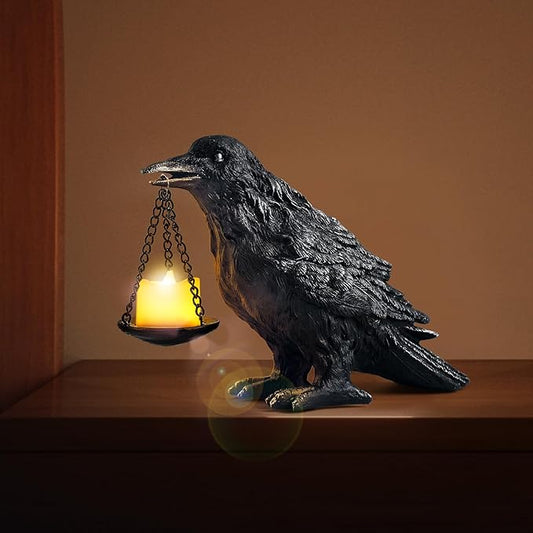 Raven Gothic Home Decor Fake Crow Light Holder Raven Lamp Tealight Candle Holder Resin Raven Statue Wearing Silver-Ruum Studio Home