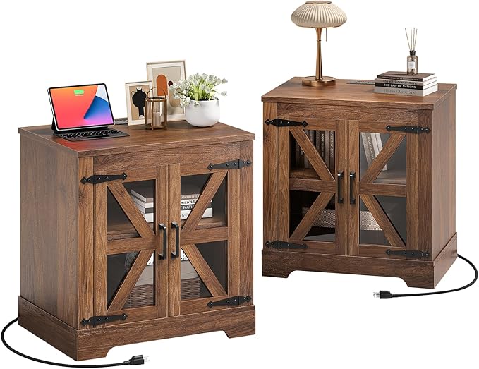 Farmhouse Side Table - 24" Large Night Stand Set 2, Wood Nightstand with Charging Station, Bedside Table with Adjustable Shelf, End Tables Living Room, Rustic Bed Side Tables Bedroom, Walnut-Ruum Studio Home