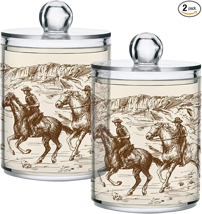 2 Pack Qtip Holder Organizer Dispenser Western Desert Cowboy Bathroom Storage Canister Cotton Ball Holder Container for Cotton Swabs/Pads/Floss-Ruum Studio Home