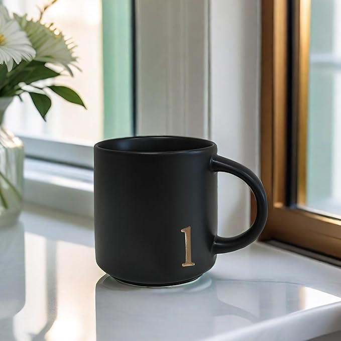 COLLECTIVE HOME - Black Monogram Ceramic Mugs, 15 oz Golden Initial Coffee Cups, Elegant Alphabet Tea Mugs, Personalized Halloween Mug with Gift Box, Perfect for Office and Home Décor (l)-Ruum Studio Home
