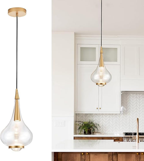 1-Light Teardrop Pendant Light, Brass Gold Ceiling Hanging Light Fxitures, LED Light Fixtures Ceiling Glass Pendant Lighting for Kitchen Island Dining Room Bar-Ruum Studio Home