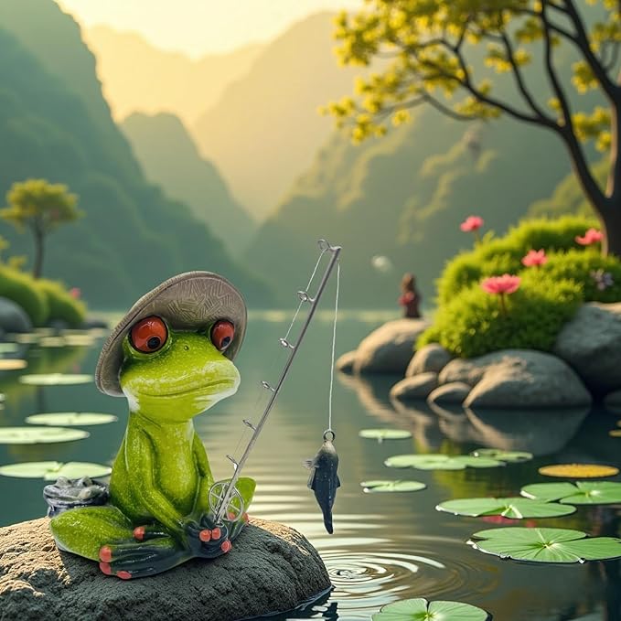 Frog Fishing Decor, Summer Garden Statues, Ocean Beach Decorations, Home Bookshelf Desktop Statues Shelves Bathroom Decorative Ornaments Gift (Frog Fishing)-Ruum Studio Home