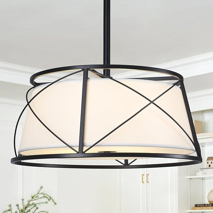 15.7" Black Drum Chandelier,3-Light Modern Farmhouse Chandelier,White Fabric Drum Shade Pendant Light Fixture for Dining Room Kitchen Island Bedroom Entryway-Ruum Studio Home