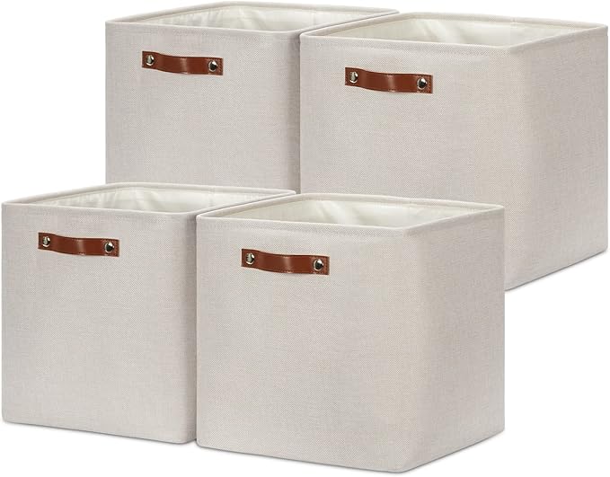 DULLEMELO Storage Bins, 4 Pack Of 13x13x13 Decorative Storage Cube Bins Suit Office, Home, Shelves And Closet, Cube Storage Bin with Leather handle(4 Pack - 13" Beige)-Ruum Studio Home
