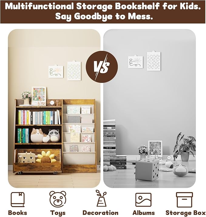 COZPAW Kids Bookshelf and Toy Storage, 4 Tier Toddler Bookshelf with Movable Drawer 5 Sling Pockets, Montessori Book Shelf for Kids Room, Playroom, Nursery (Brown)-Ruum Studio Home