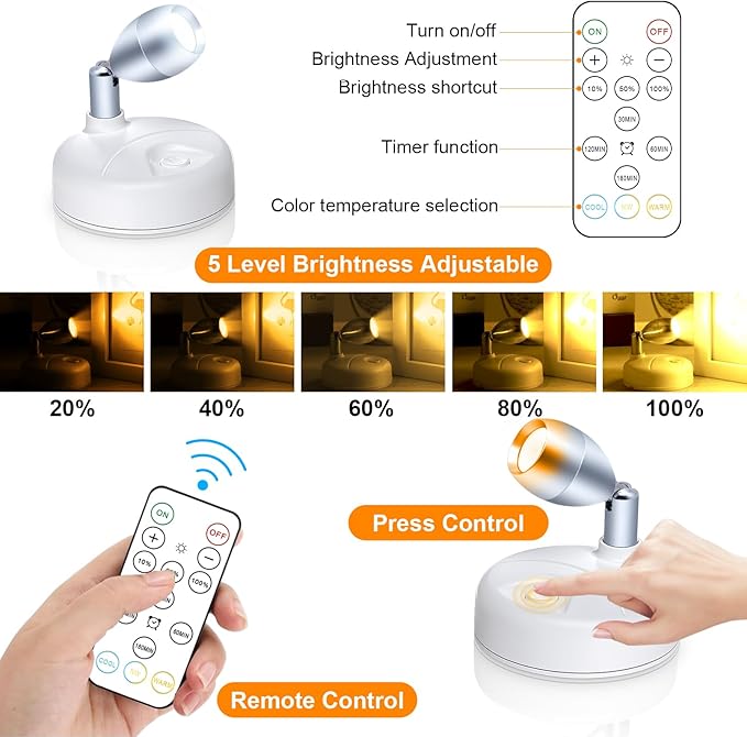 Small Battery Operated Spotlights Indoor with Remote Flicker-Free 60 Lumens Dimmable Warm/Neutral/Cool White 3 Mode Wireless Mini Up Lights for Accent Wall, Art Display, Picture, 6 Pack-Ruum Studio Home