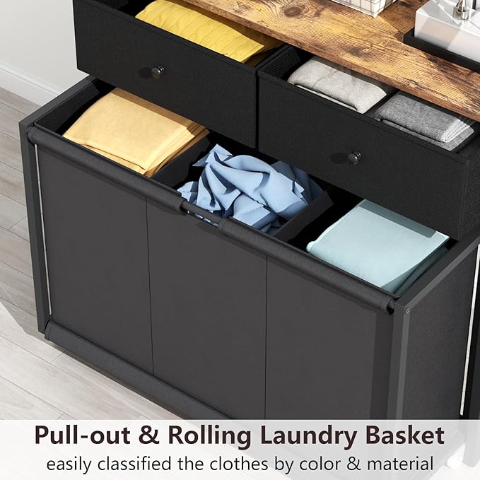 Laundry Hamper Laundry Basket with 3 Section Pull-Out Rolling Bags & 2-Tier Storage Shelf, Laundry Sorter for Organization and Storage with 2 Drawers for Laundry Room, Bathroom-Ruum Studio Home