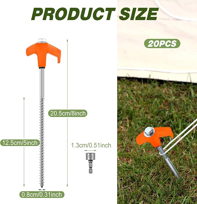 Hicarer 20 Pcs 20 Pcs 8'' Screw in Tent Stakes Heavy Duty Ground Metal Stakes for Inflatables with Hex Head Driver for Outdoor Camping Tent Inflatable Garden Decor (Orange)-Ruum Studio Home