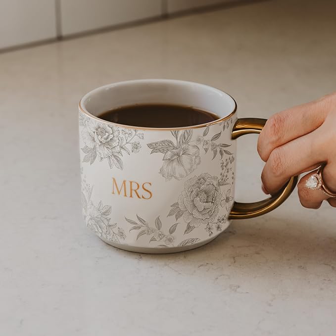 Sweet Water Decor Mrs Mug, 14oz Fine Bone China Coffee Cup with Gold Handle and Grey Delft Pattern, Bridal Shower Gift for Wedding Bride, Engagement & Newlyweds-Ruum Studio Home