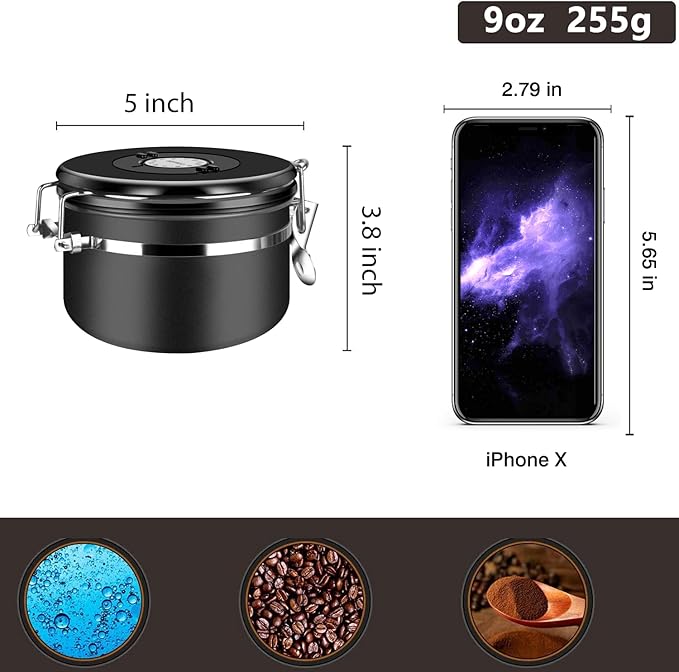 malmo Coffee Canister, Airtight Coffee Container with Date Tracker Lid, Stainless Steel Canister for Kitchen Food Storage (Black, 9oz)-Ruum Studio Home
