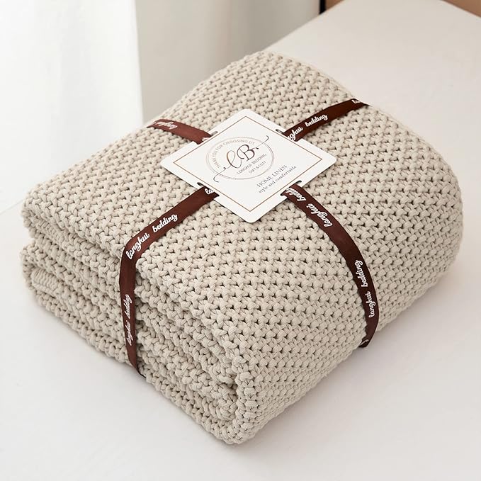 Longhui bedding Chunky Cable Knit Throw Blanket Lightweight Beige 100% Organic Cotton Blanket for Sofa Couch Bed Baby Nursery, Rustic Shabby Chic Modern Farmhouse, 51” x 63” Give Laundering Bag-Ruum Studio Home