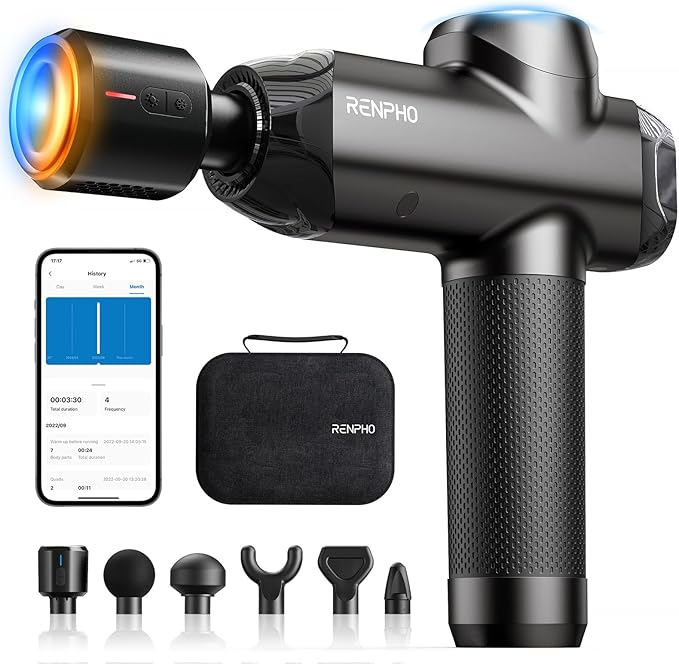 RENPHO Massage Gun Deep Tissue with Heat and Cold, Percussion Muscle Massage Gun Bluetooth with 12mm Amplitude, Handheld Massager Gun, Power+ Thermacool Grey-Ruum Studio Home