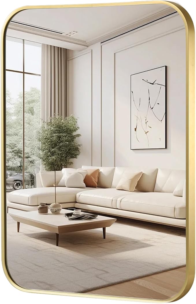 FARMER 20x28 Inch Gold Bathroom Mirror, Rectangle Vanity Mirror, Brushed Mirrors for Wall, Metal Frame Hanging Mirror with Round Corner for Bedrooms, Entryways, Living Rooms, Horizontal/Vertical-Ruum Studio Home