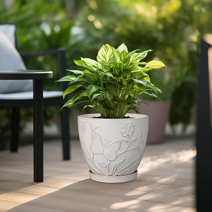 10 Inch Plant Pot Ceramic Planter Pot with Drainage Hole and Saucer Round Planter Large Flower Pot for Indoor Outdoor Plants Home Garden Decor White-Ruum Studio Home