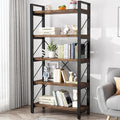 5 Tier Bookshelf Rustic Solid Wood Industrial Style Bookcase,Metal and Real Wood Vintage Bookshelf,Book Shelves Home Office, Retro Brown,Dark Matching credenza(LZ01-05tier) (5Tiers)-Ruum Studio Home