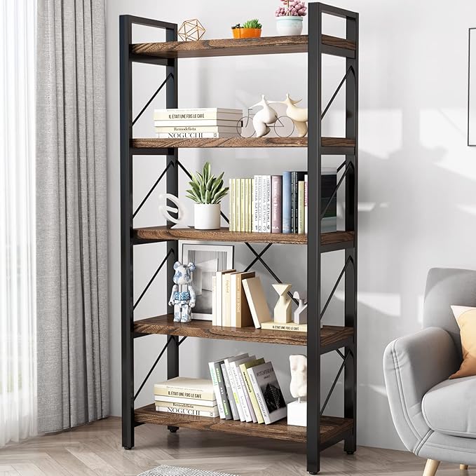 5 Tier Bookshelf Rustic Solid Wood Industrial Style Bookcase,Metal and Real Wood Vintage Bookshelf,Book Shelves Home Office, Retro Brown,Dark Matching credenza(LZ01-05tier) (5Tiers)-Ruum Studio Home