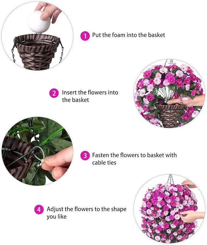 Artificial Fake Hanging Flowers Basket for Outdoor Indoor Decoration,UV Resistant Faux Silk Light Fuchsia and Fuchsia Morning Glory Flowers Plants Realistic Hanging Planter for Outside Home Porch Yard-Ruum Studio Home